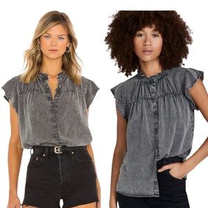RAILS XS Ruthie Top Black Acid Wash Ruffle Flutter Sleeve Edgy Romance Boho Chic